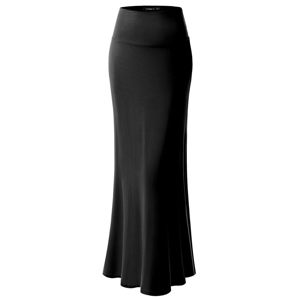 5478 Basic Foldable High Waist Maxi Skirt Black